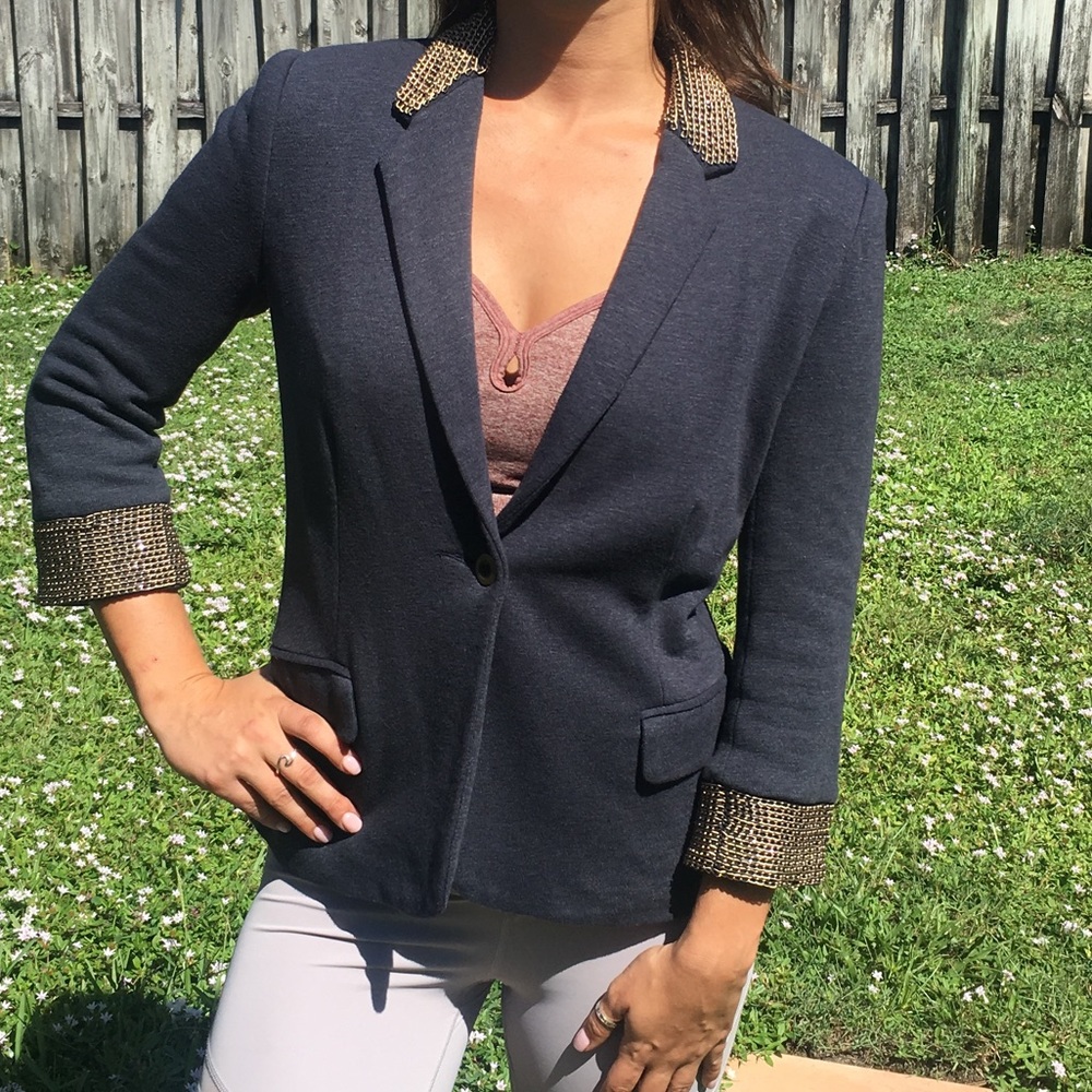 ARYN K NAVY COTTON BLAZER W/ CHAIN DETAILS